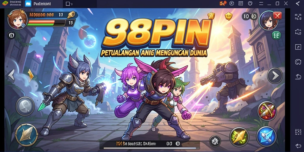 Screenshot gameplay 98SPIN menampilkan pertarungan karakter Anime yang dinamis.