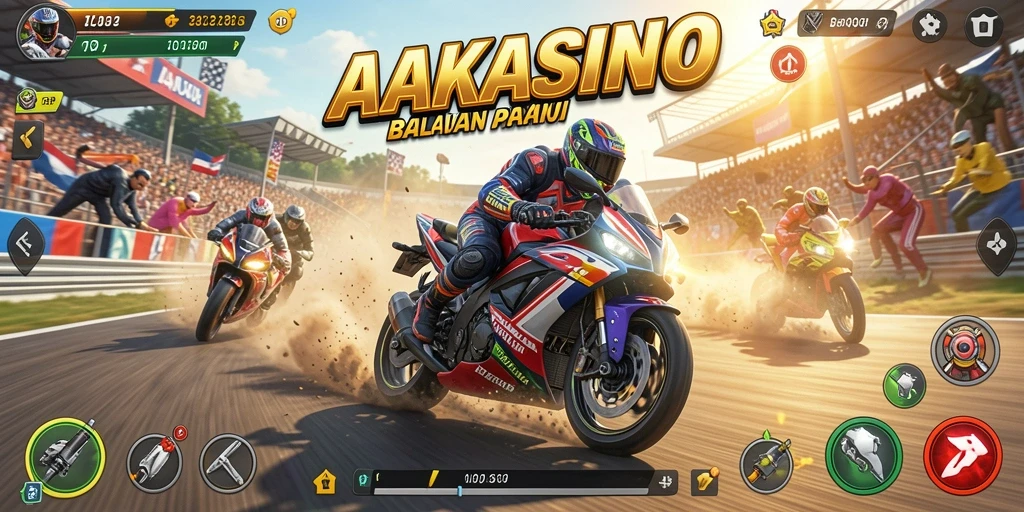 Tangkapan layar AAKASINO menampilkan balapan motor yang intens di trek yang menantang.