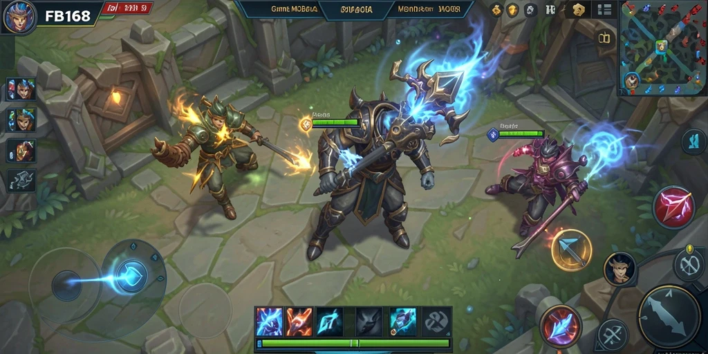 Screenshot gameplay FB168 menampilkan aksi MOBA yang seru dan intens.