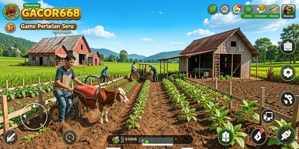 Tampilan gameplay GACOR668 dengan ladang yang indah dan hewan ternak.