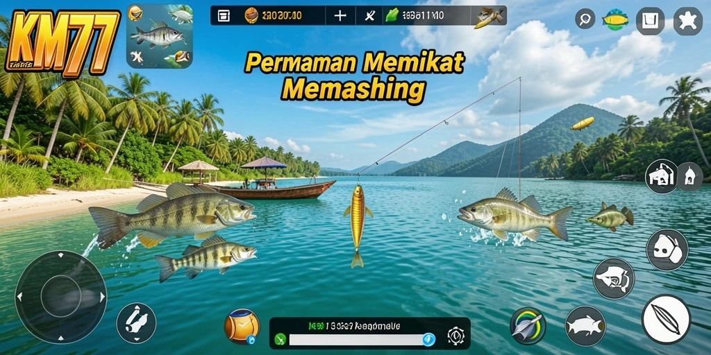 Screenshot gameplay KM777 menampilkan aksi seru memancing di lautan.