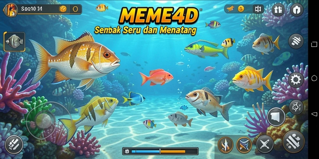 Tampilan gameplay MEME4D dengan ikan berwarna-warni dan aksi menembak.