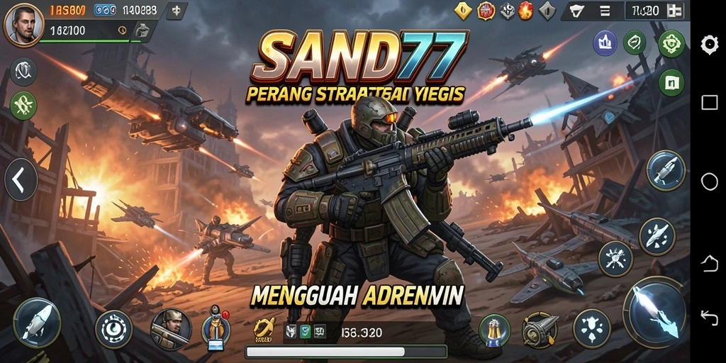 Screenshot gameplay SAND77 yang menunjukkan pertempuran strategis.